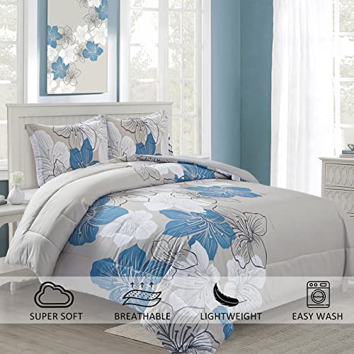 Menghomeus Floral Comforter Set Queen 3 Piece Blue Floral Pattern Printed on Grey Soft Microfiber Bedding Set Lightweight Bed Comforter Set for All Season (1 Comforter, 2 Pillowcases) - Image 2