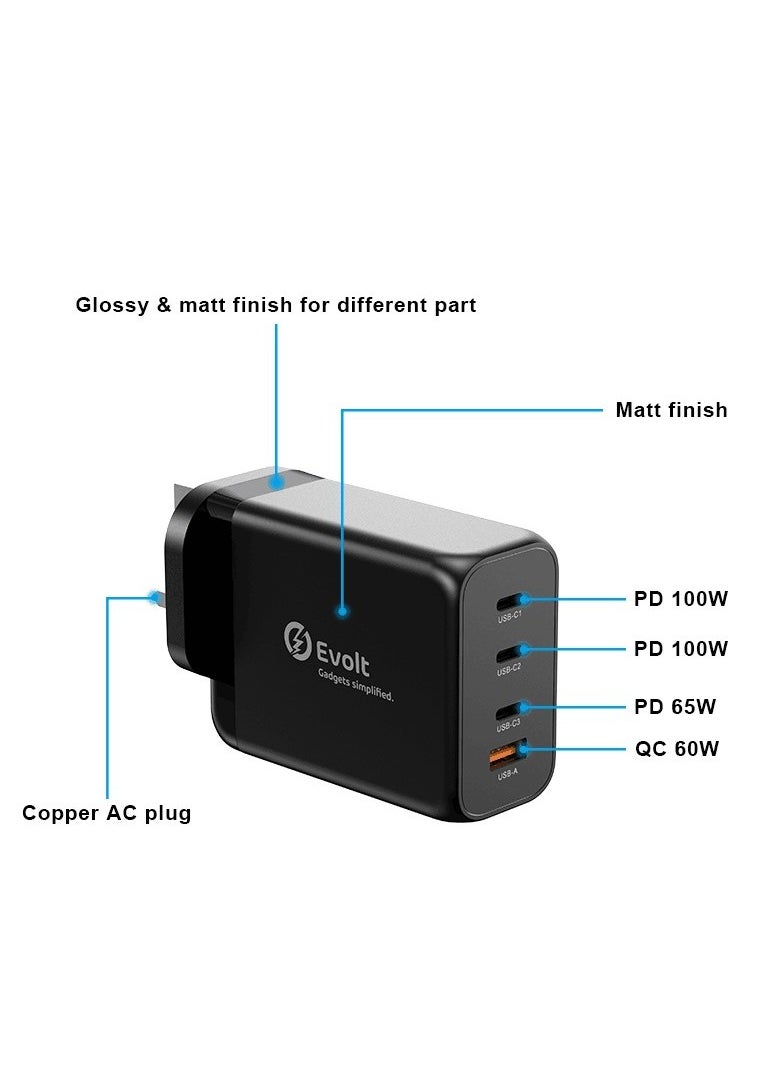 Evolt - TC-400 200W Fast Wall Charger With 3 PD Type-C Outputs And 1 USB-A QC 3.0 Output And GaN Protection - Image 1