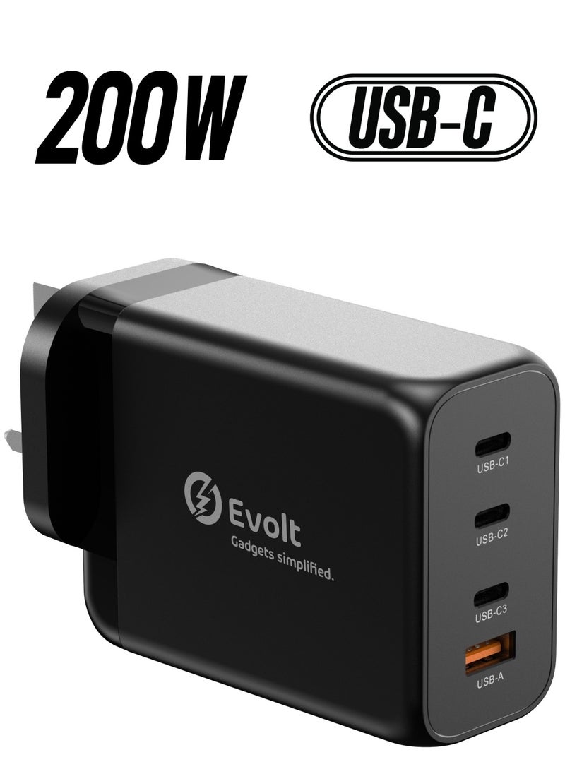 Evolt - TC-400 200W Fast Wall Charger With 3 PD Type-C Outputs And 1 USB-A QC 3.0 Output And GaN Protection - Image 1