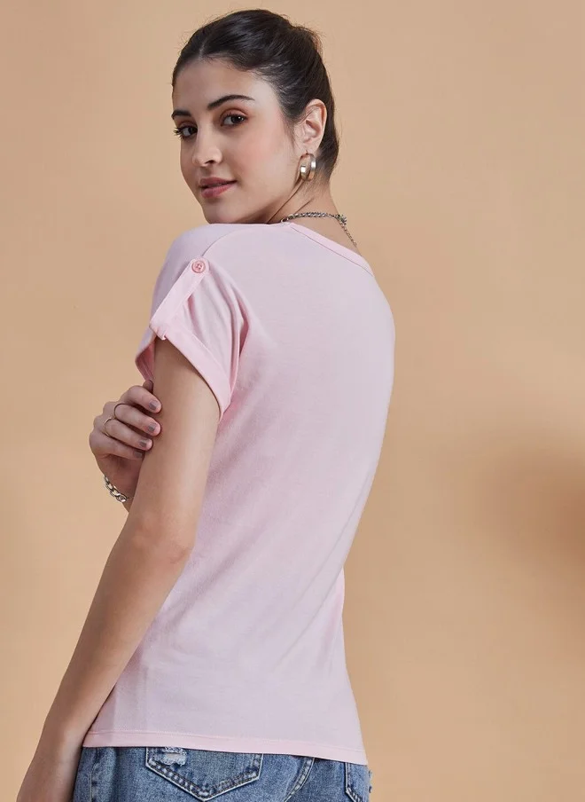 MINT STREET Pink Roll-Up Sleeve Cotton T-Shirt for Women