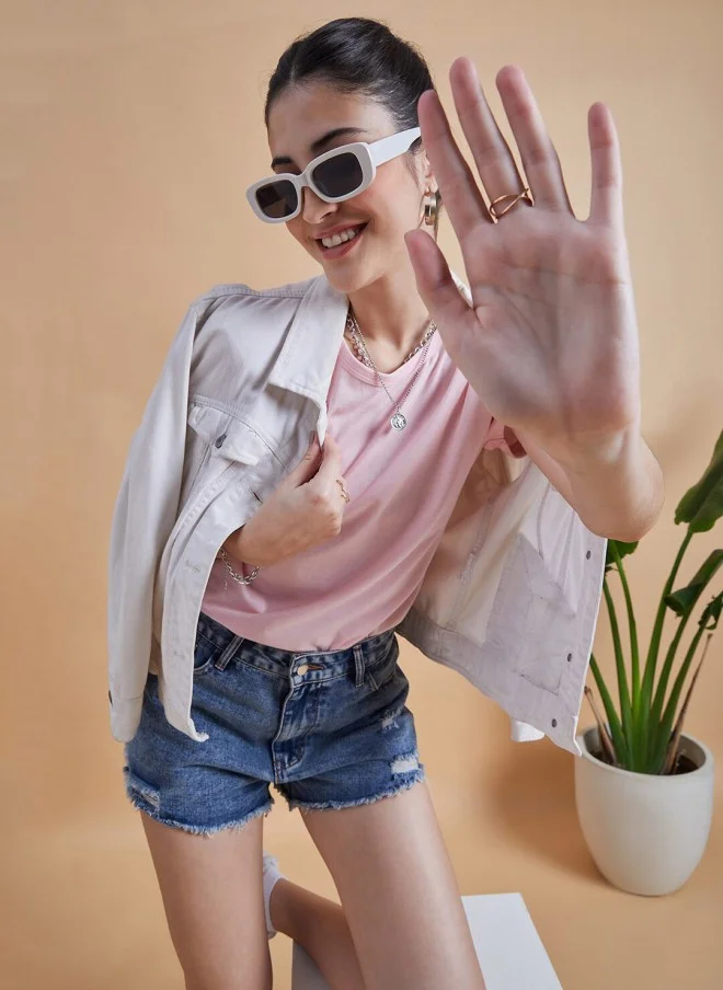 MINT STREET Pink Roll-Up Sleeve Cotton T-Shirt for Women