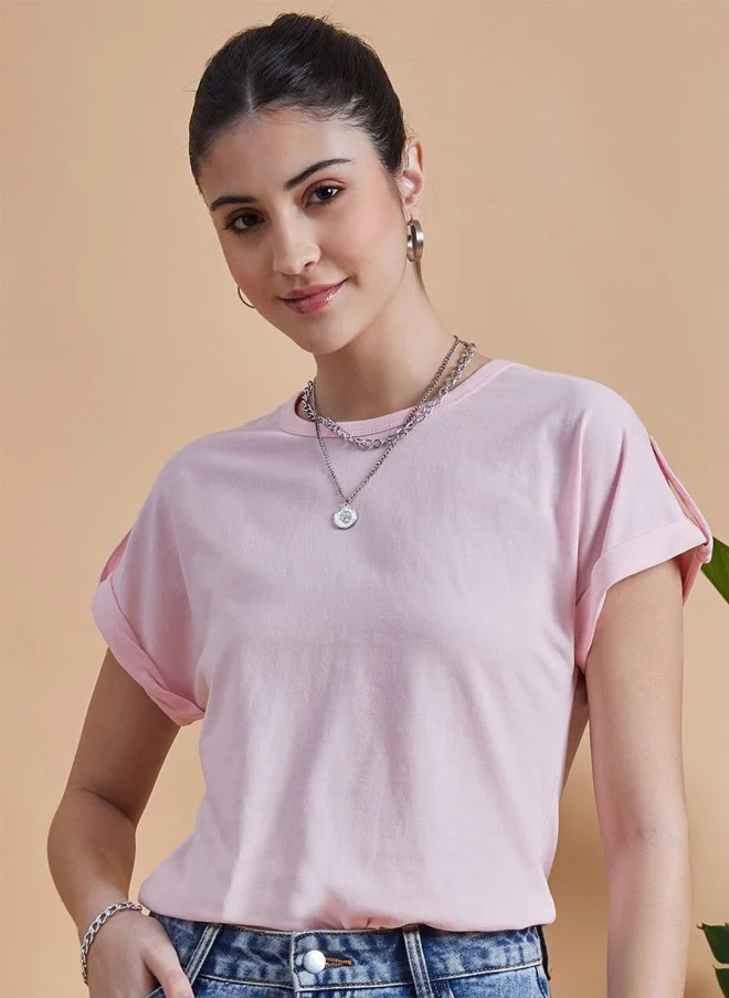 MINT STREET Pink Roll-Up Sleeve Cotton T-Shirt for Women