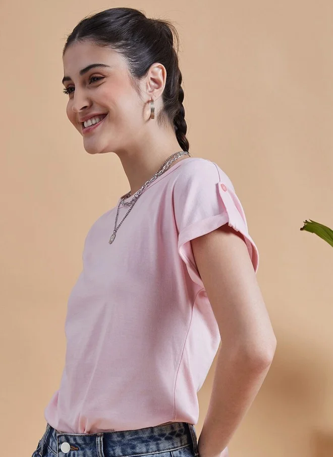 MINT STREET Pink Roll-Up Sleeve Cotton T-Shirt for Women