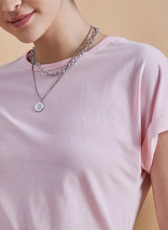 MINT STREET Pink Roll-Up Sleeve Cotton T-Shirt for Women