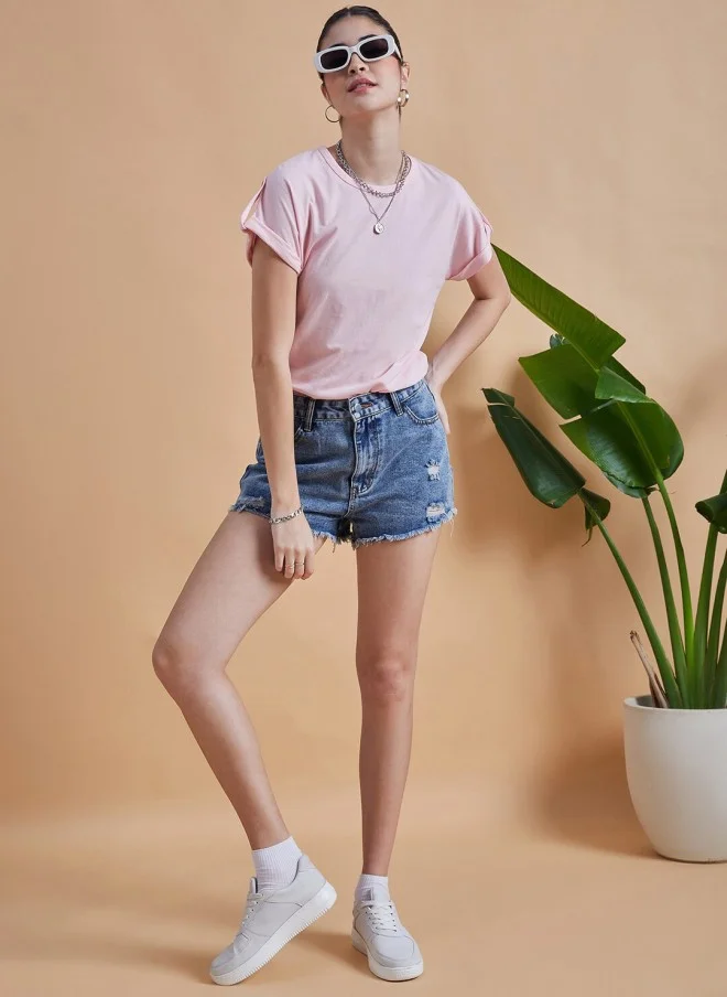 MINT STREET Pink Roll-Up Sleeve Cotton T-Shirt for Women