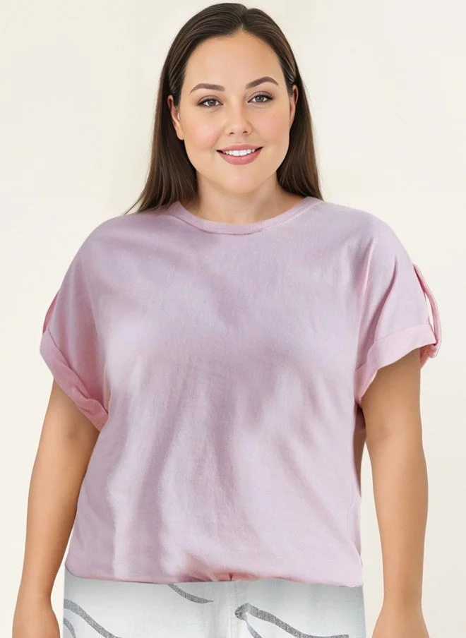 MINT STREET Pink Roll-Up Sleeve Cotton T-Shirt for Women
