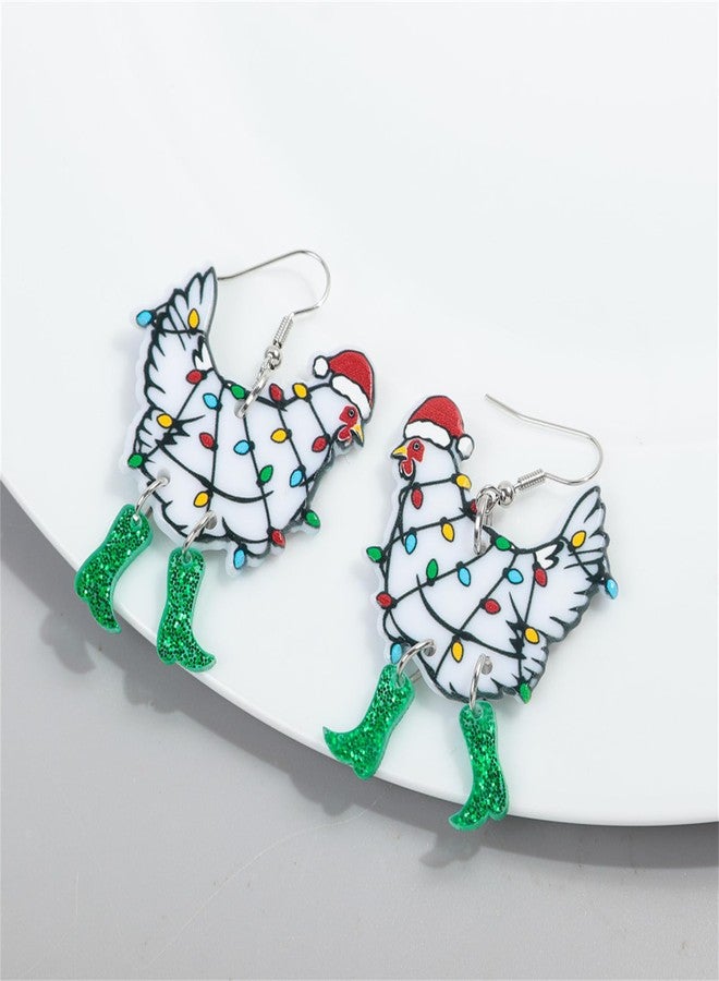 RLHRNDE Christmas Earrings for Women Girls Cute Acrylic Christmas Rooster Chicken Farm Boots Cat Santa Claus Light Drop Dangle Earrings Xmas Holiday Jewelry Accessories (White Rooster) - Image 4