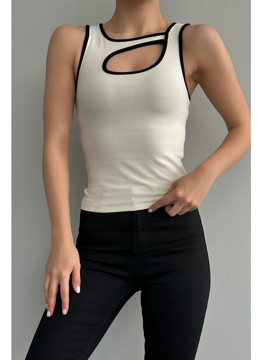 Ritnice - Women's Ecru Black Striped Cut Out Detail Undershirt - Image 1