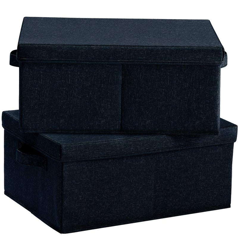 HOONEX Linen Foldable Storage Bins with Lids 2 Pack Storage Boxes with Carrying Handles and Sturdy Heavy Cardboard 165 L x 118 W x 75 H for Shoes Books Clothes Nursery Dark Grey