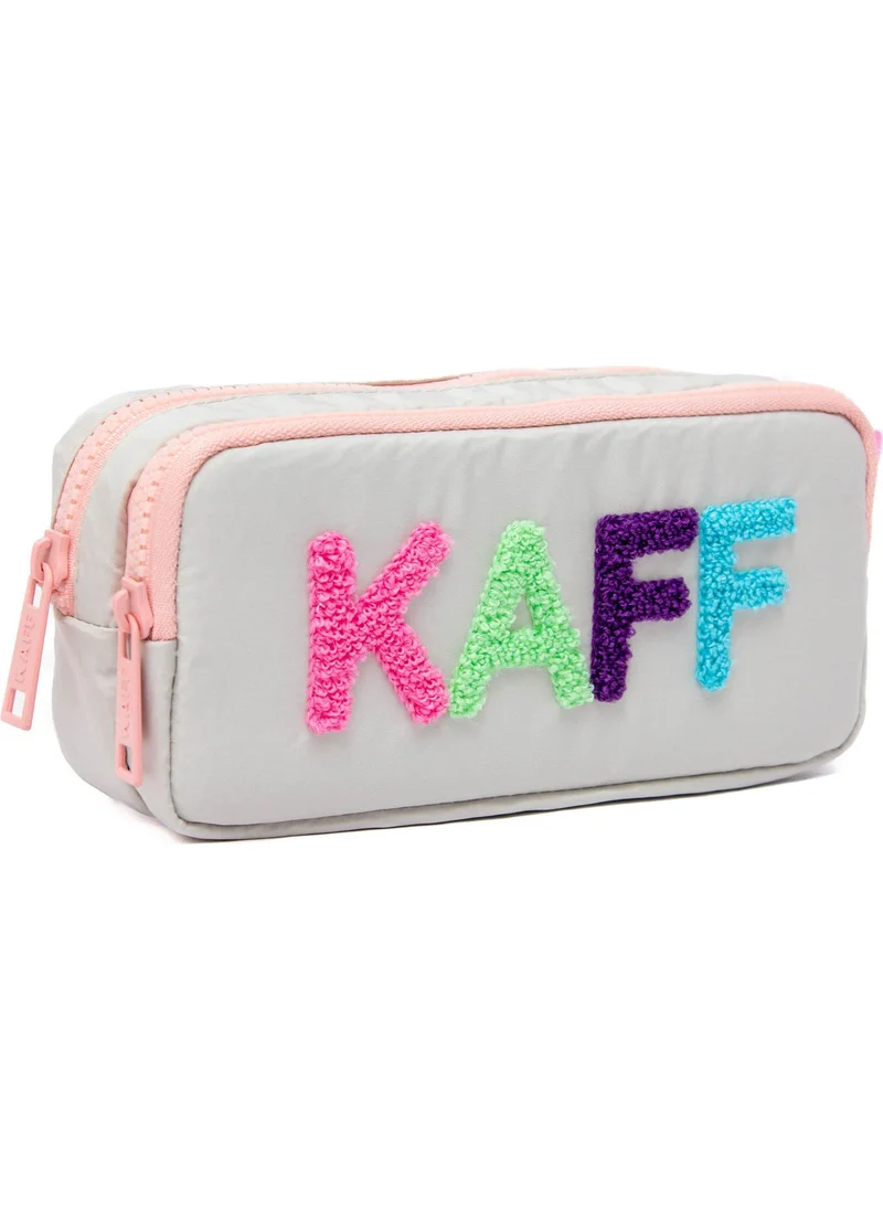 Kaff 01108 Stone Color Pink Zippered Waterproof Bondit Fabric Plush Printed Double Compartment Pencil Case