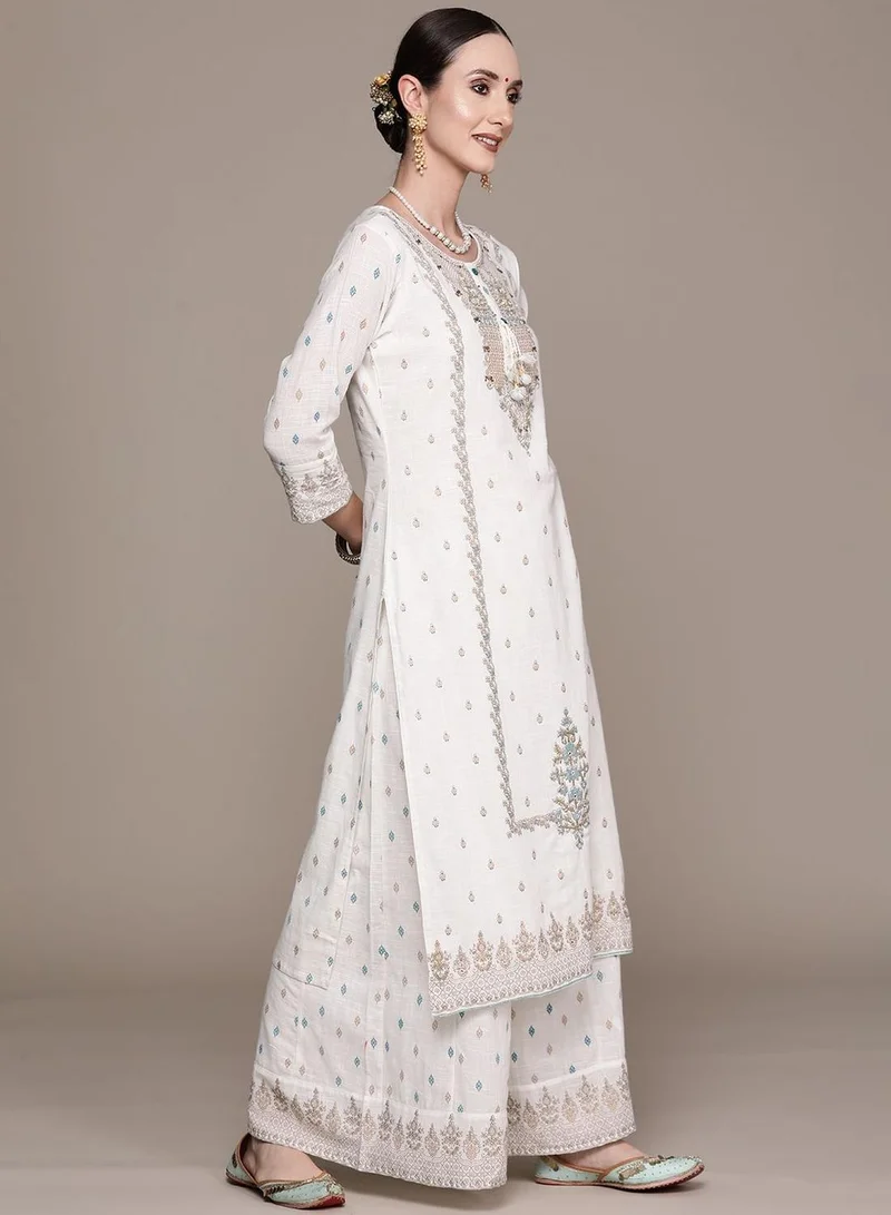 ISHIN  Women'S Off White 100% Cotton Embroidered Regular Fit Kurta Set for Women | Best Price UAE