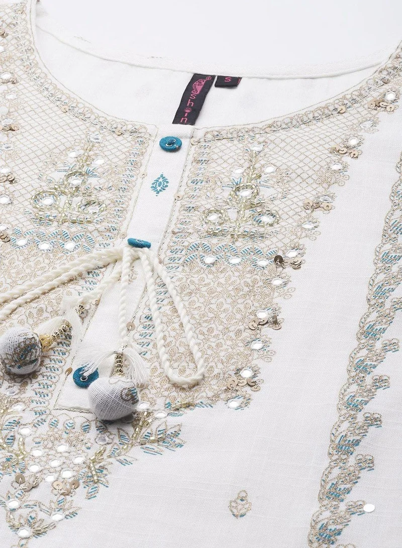 ISHIN Regular Fit Three-Quarter Sleeve Embroidered Off White Cotton Woven A-Line Kurta Set For Women Flat Collar Perfect For Wedding And Engagement Pull On Closure