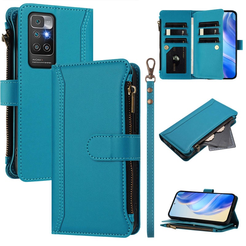 HuHa Case Cover For Redmi 10 4G / 10 2022 Magnetic Closure 9 Card Slots Zipper Leather Case with Hand Strap(Turquoise) - Image 1