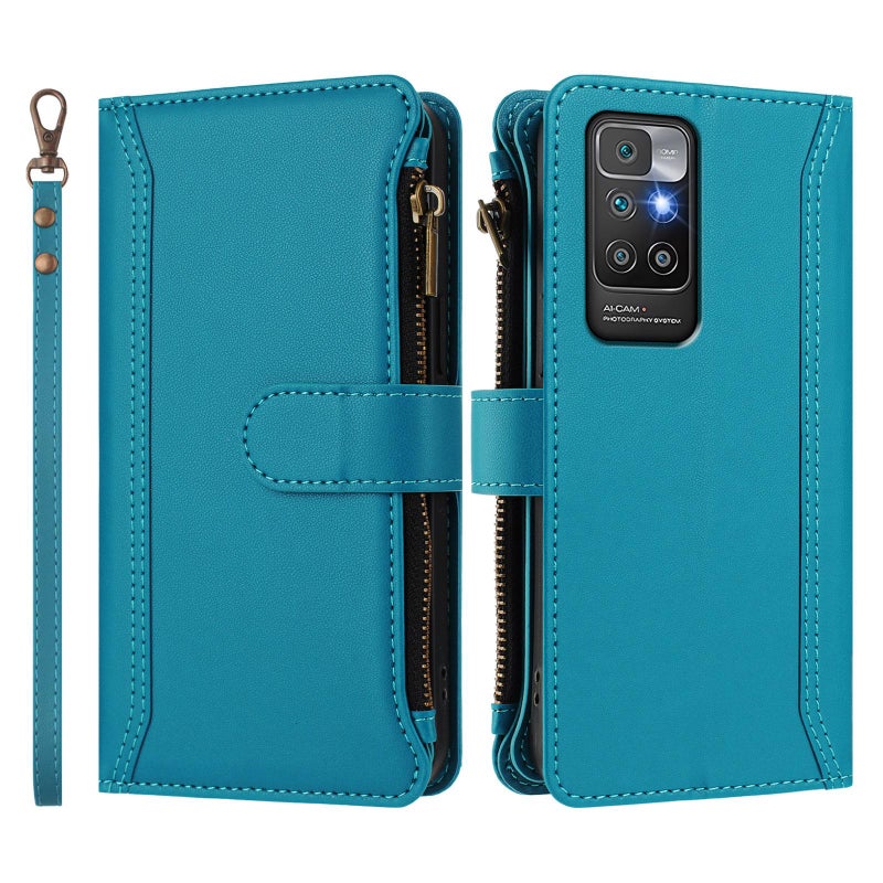 HuHa Case Cover For Redmi 10 4G / 10 2022 Magnetic Closure 9 Card Slots Zipper Leather Case with Hand Strap(Turquoise) - Image 2