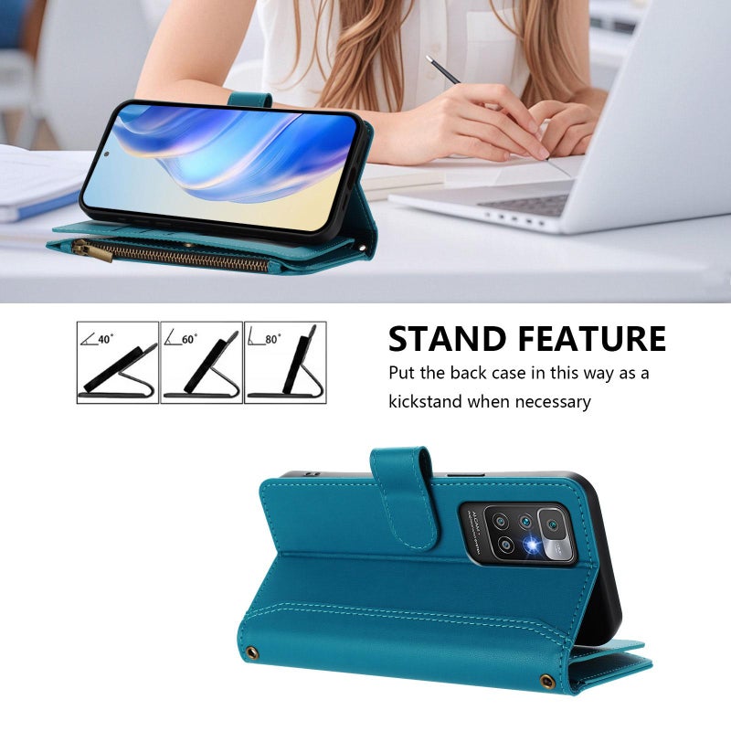 HuHa Case Cover For Redmi 10 4G / 10 2022 Magnetic Closure 9 Card Slots Zipper Leather Case with Hand Strap(Turquoise) - Image 4