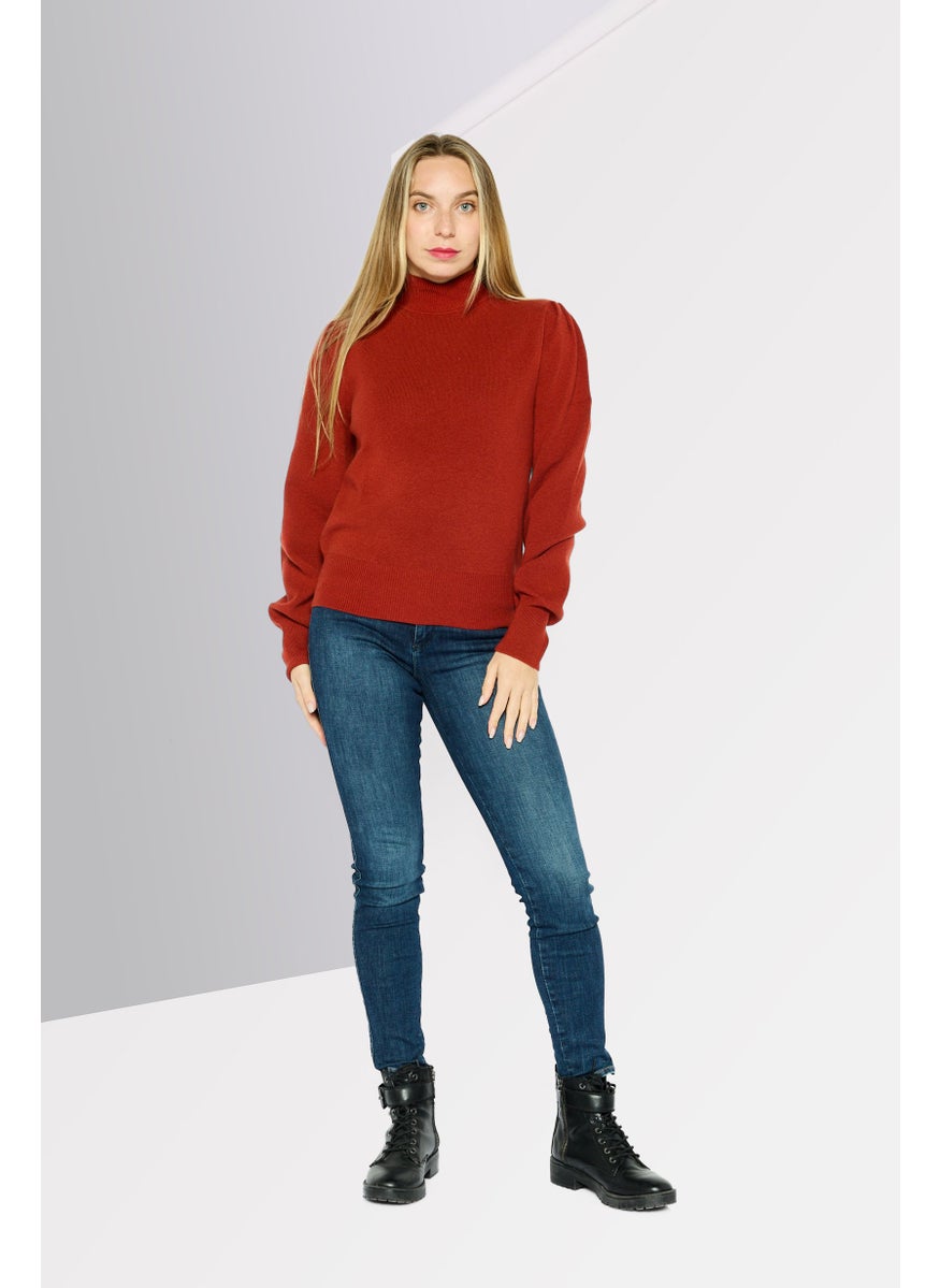 Women Turtle Neck Solid Sweater, Red