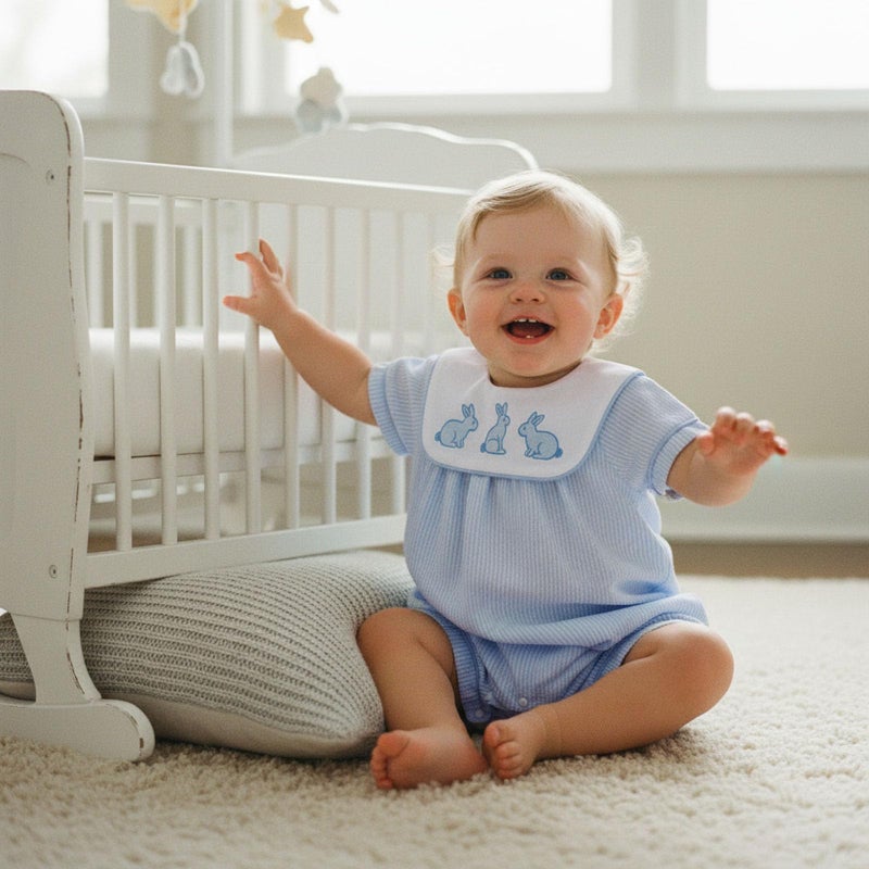Rourufy Baby Boy Easter Outfit Newborn Bunny Bubble Romper Short Sleeve Onesie Infant Playsuit Spring Summer Cute Clothes (A Bunny Blue, 0-3 Months) - Image 2