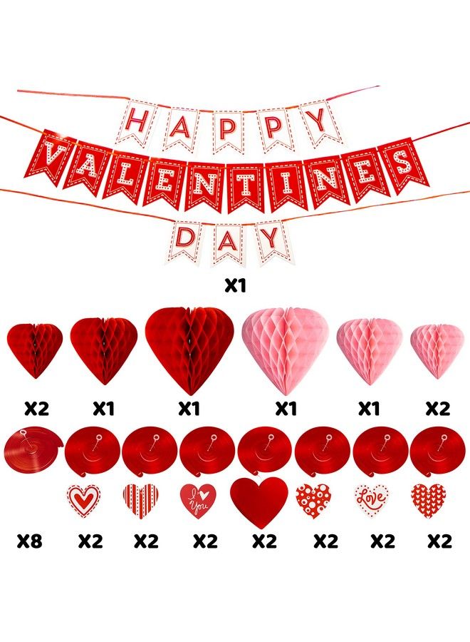 JOYIN طقم زينة عيد الحب 31 قطعة مع لافتة عيد حب سعيدة 1، 8 دوامات فويل، 14 دوامة معلقة مع قلادة قلب، 8 خلية نحل قلب حمراء وردية معلقة، مستلزمات حفلة عيد الحب - Image 3