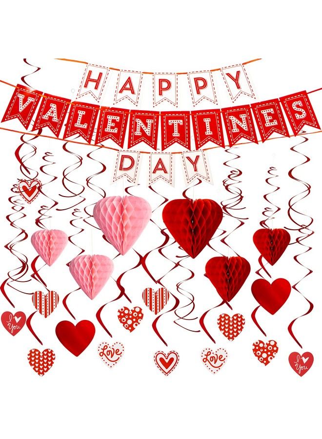 JOYIN طقم زينة عيد الحب 31 قطعة مع لافتة عيد حب سعيدة 1، 8 دوامات فويل، 14 دوامة معلقة مع قلادة قلب، 8 خلية نحل قلب حمراء وردية معلقة، مستلزمات حفلة عيد الحب - Image 1