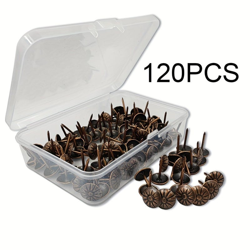 Antique Style 120pcs Golden Upholstery Tacks Nails Flower Pattern Bronze Decorative Vintage - Image 1