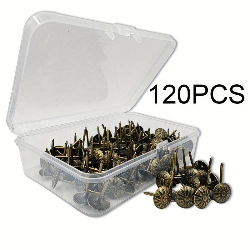 Antique Style 120pcs Golden Upholstery Tacks Nails Flower Pattern Bronze Decorative Vintage - Image 4