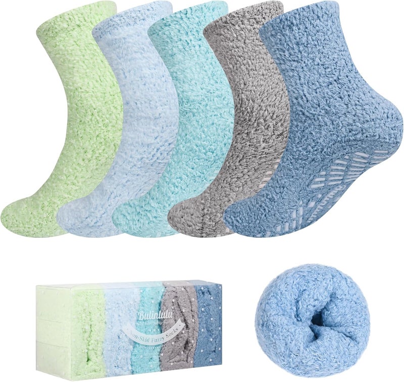 Bulinlulu Fuzzy Socks with Grips for Women 5-Pairs Non Slip Sleep Warm Fluffy Slipper Socks with Grippers for Women - Image 1
