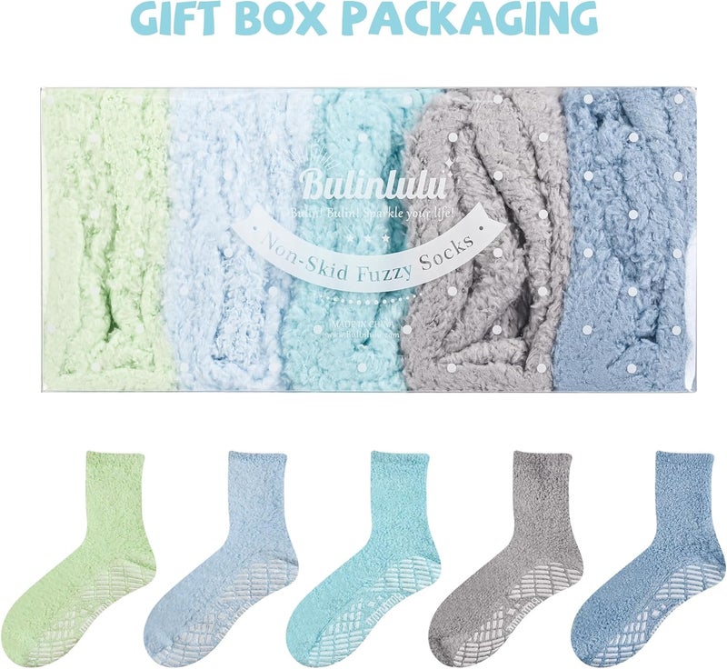 Bulinlulu Fuzzy Socks with Grips for Women 5-Pairs Non Slip Sleep Warm Fluffy Slipper Socks with Grippers for Women - Image 2