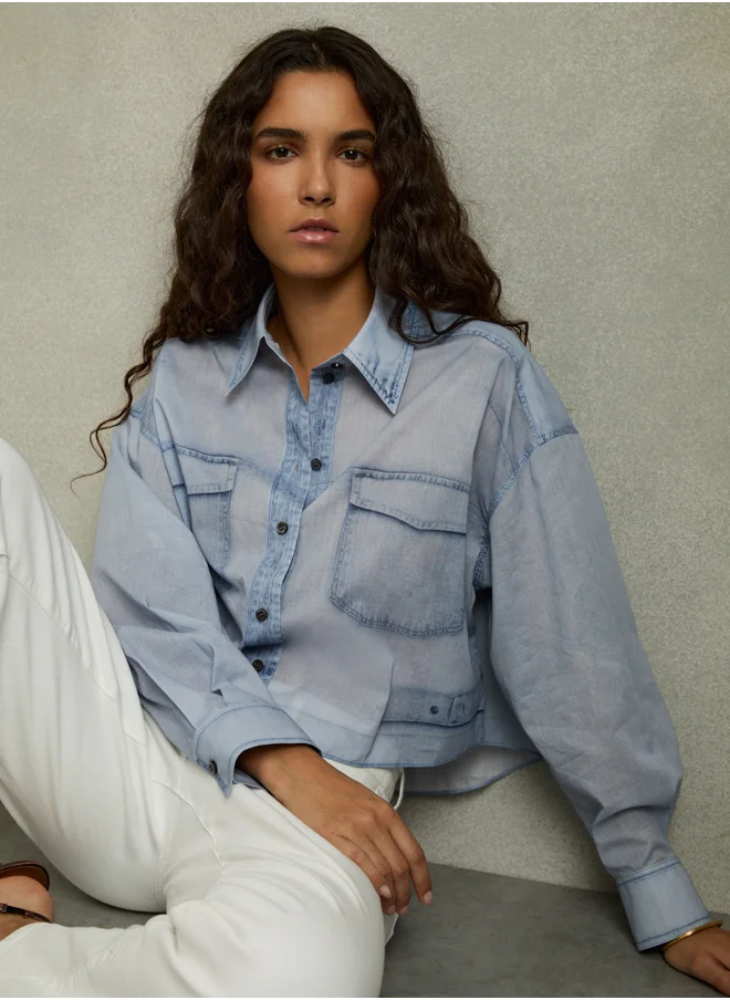 REISS Denim Print Shortsleeve Top