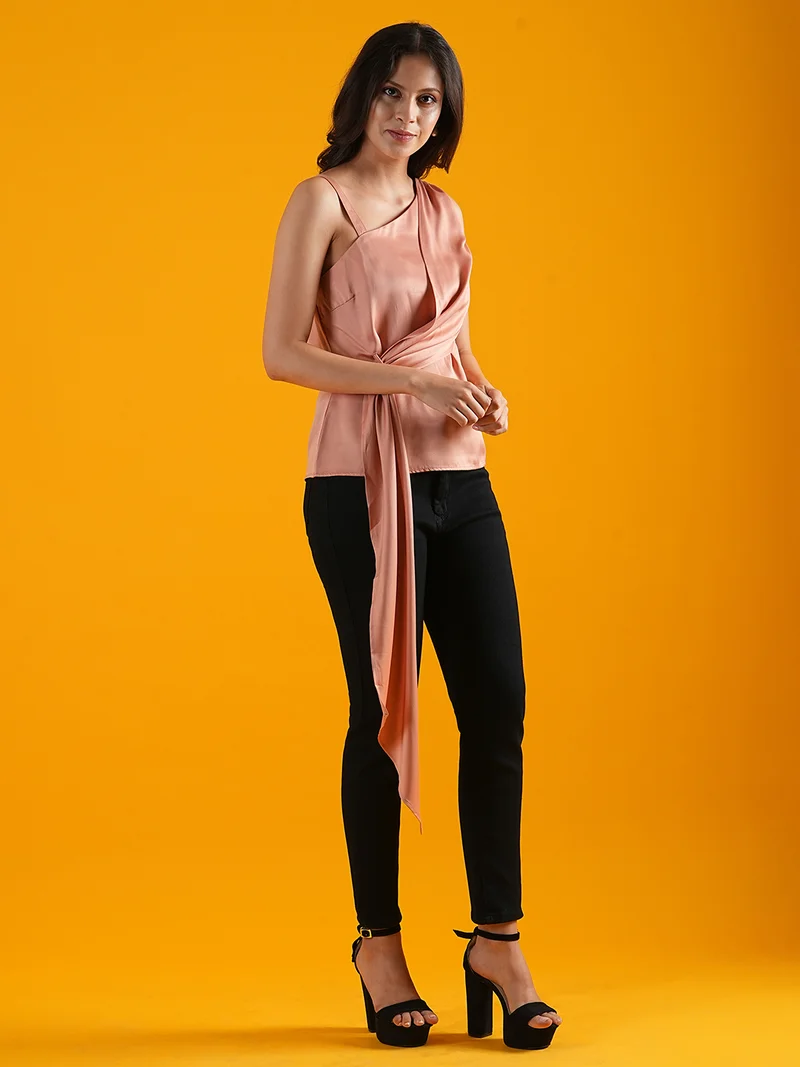 globus Women Pink One Shoulder Tie-Ups Detailed Casual Top