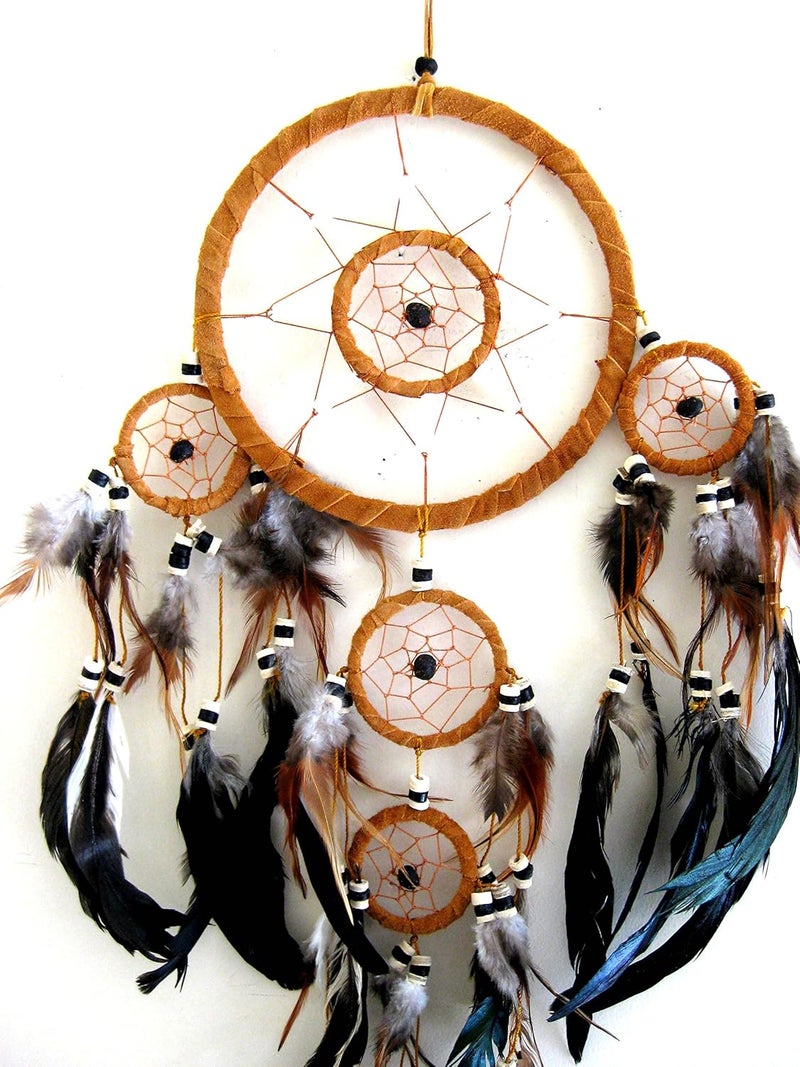 OMA Dream Catcher Traditional Native Style Brown Suede Dreamcatcher with Bone Beads & Feathers - 28" Long x 8" Diameter - ® Brand - Image 3