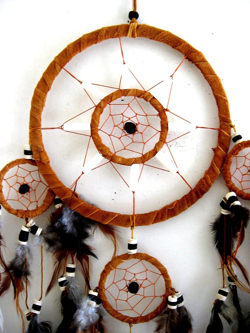 OMA Dream Catcher Traditional Native Style Brown Suede Dreamcatcher with Bone Beads & Feathers - 28" Long x 8" Diameter - ® Brand - Image 2