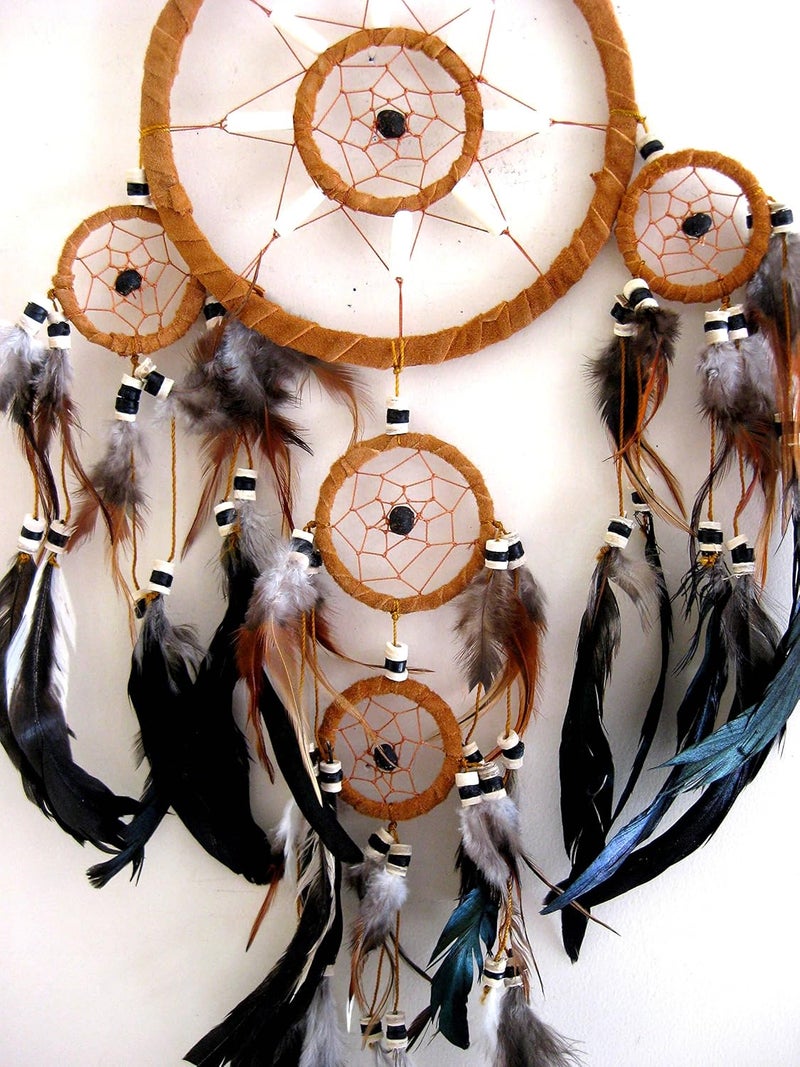 OMA Dream Catcher Traditional Native Style Brown Suede Dreamcatcher with Bone Beads & Feathers - 28" Long x 8" Diameter - ® Brand - Image 4