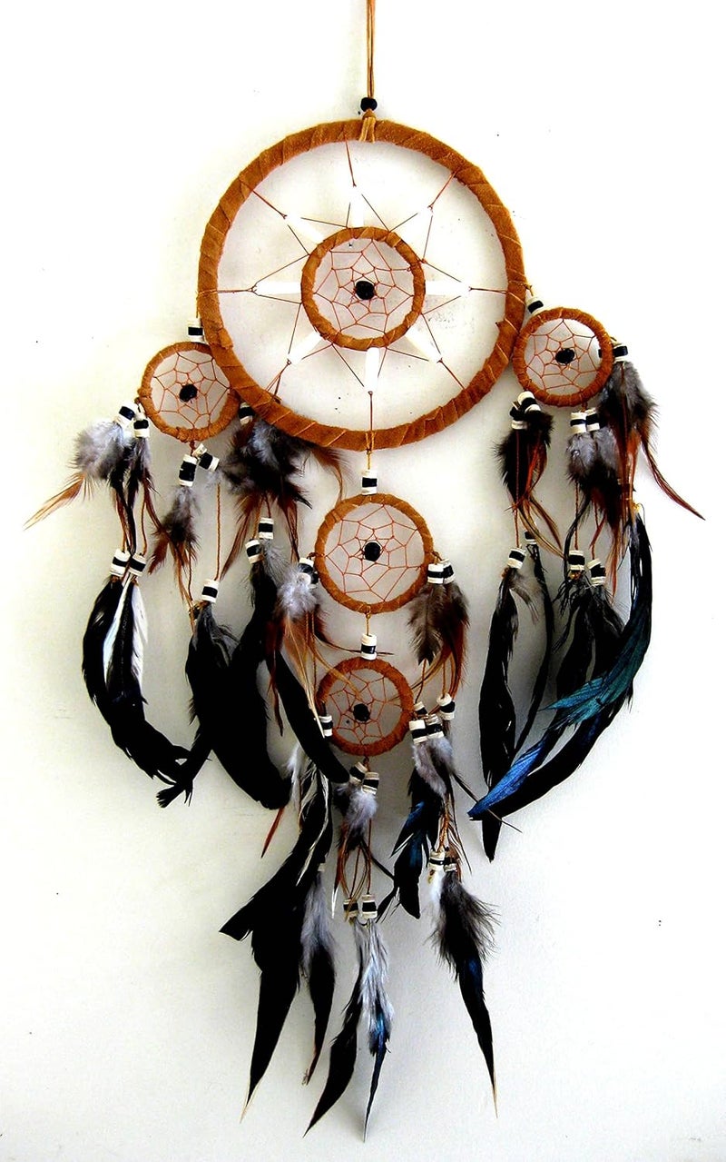 OMA Dream Catcher Traditional Native Style Brown Suede Dreamcatcher with Bone Beads & Feathers - 28" Long x 8" Diameter - ® Brand - Image 1