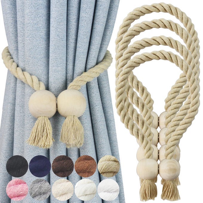 4 PACK MAGNETIC CURTAIN TIEBACKS COTTON HAND WOVEN TIE BACK DECORATIVE ROPE HOLDBACKS FOR CURTAINS DRAPERIES NO TOOLS REQUIRED DARK BEIGE