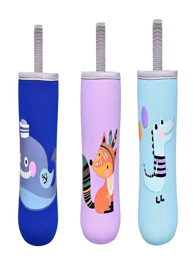 Aplam Chaplam Cute Animated Patterned Soft Stretchable Baby Feeding Bottle Cover with Easy to Hold Strap for 120ml, 150ml, 240ml (Pack of 3- Multicolor) - Image 1