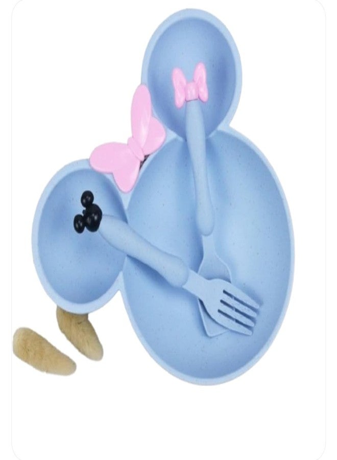 Gugzy Cute Cartoon Theme Eco-Friendly Wheat Straw Natural Bamboo Fibre Dinner Set for Kids, Toddlers & Babies 1 Plate, 1 Spoon and 1 Fork | Mickie Plate Set (Blue) - Image 2