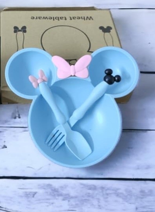 Gugzy Cute Cartoon Theme Eco-Friendly Wheat Straw Natural Bamboo Fibre Dinner Set for Kids, Toddlers & Babies 1 Plate, 1 Spoon and 1 Fork | Mickie Plate Set (Blue) - Image 3