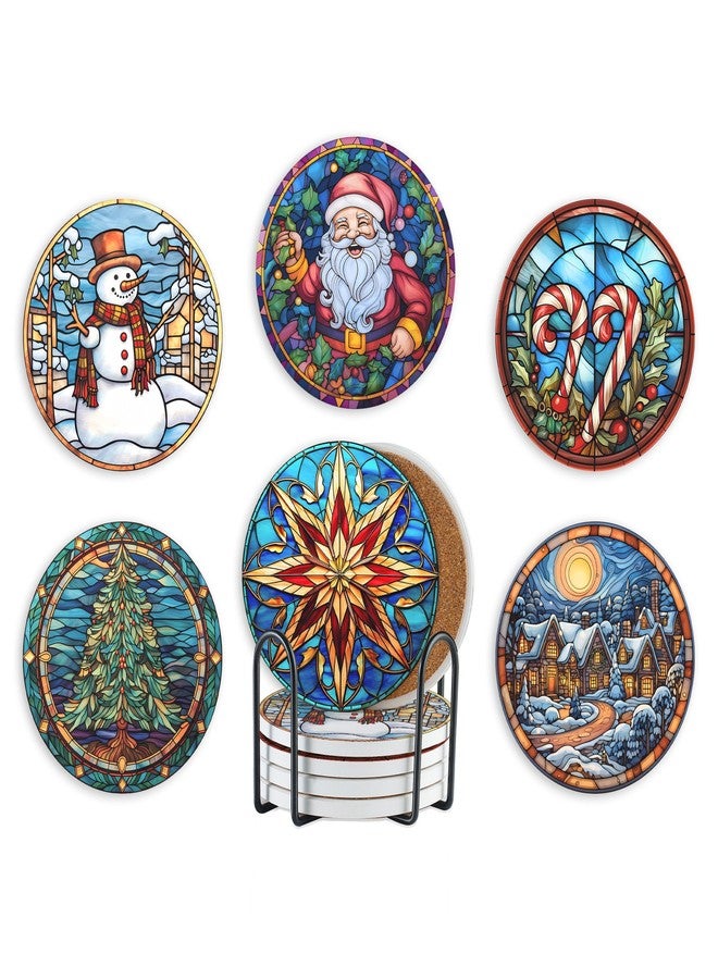 Onebttl Christmas Coaster Set of 6 Gifts, Home Decor, Moving, Housewarming, Ceramic, Absorbent with Cork Base - Image 1