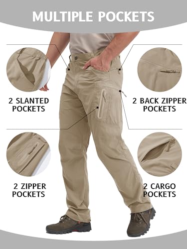 TACVASEN Men's Lightweight Hiking Tactical Pants Waterproof Quick Dry Cargo Work Rain Outdoor Pants 8 Pockets 38 Khaki - Image 4