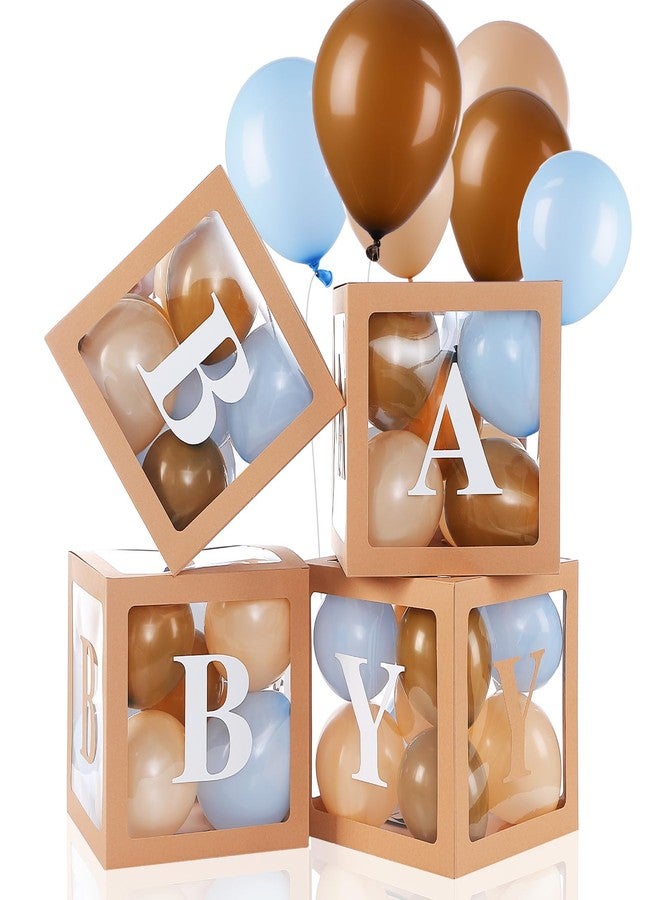 Zhanmai Baby Boxes for Bear Baby Shower Decoration with 4 Letters 36 Balloons 4pcs Transparent Clear Balloon Box Blocks for Boy Girl Balloon Boxes Gender Reveal Party Favors (Brown, Apricot, Blue) - Image 1