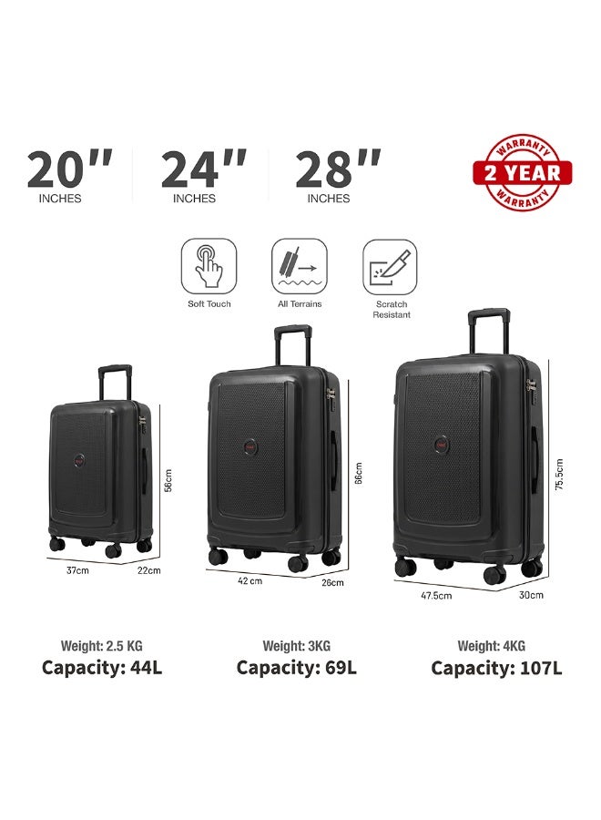 Eagle Express Clifton 3 Piece Luggage Set 20/24/28 Inch All Black, PP Hard Shell Trolley Suitcase Set with Lightweight Travel Design, Cabin & Check-In Luggage, 360 Spinner Wheels, Secure Lock System and 2 Year Warranty - Image 3