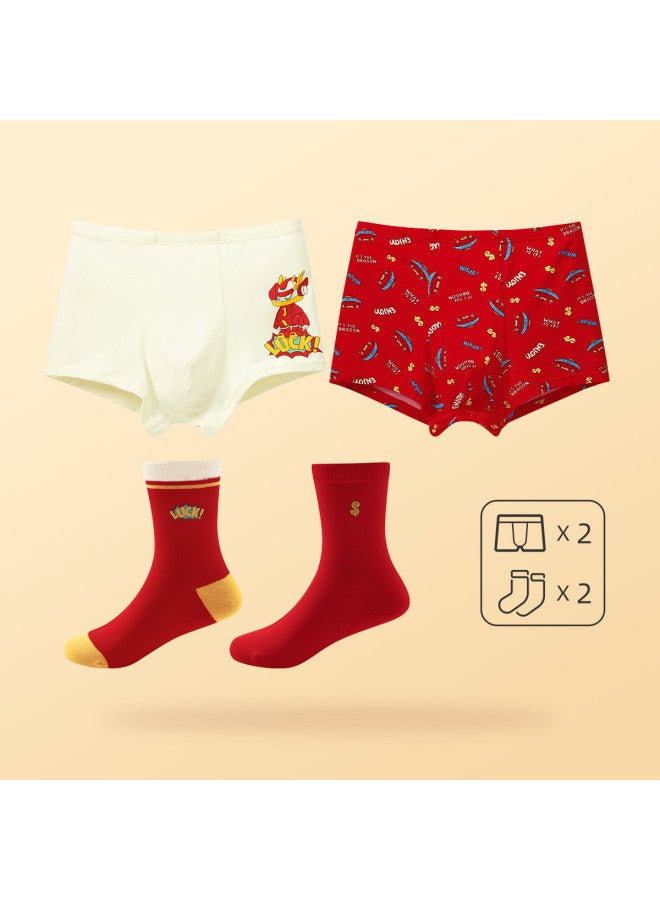 Long time companion 5a Antibacterial Boys' Underwear (2-pack) + New Year Zodiac Red Mid-calf Socks (2-pair) Gift Set - Image 4