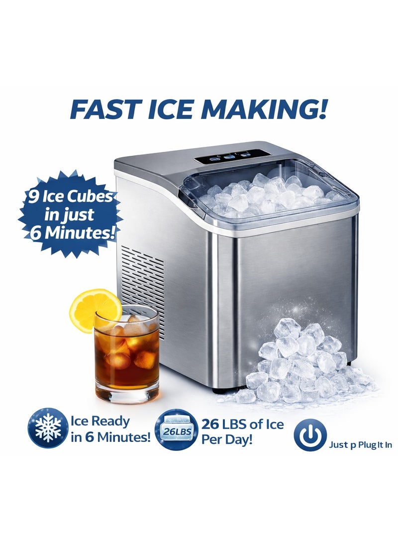 XVersion Portable Ice Maker Machine for Home & Office – Countertop Bullet Ice Maker, 12KG Daily Ice Production, 9 Ice Cubes in 6–8 Minutes, Stainless Steel, Fast & Energy Efficient Ice Machine - Image 1