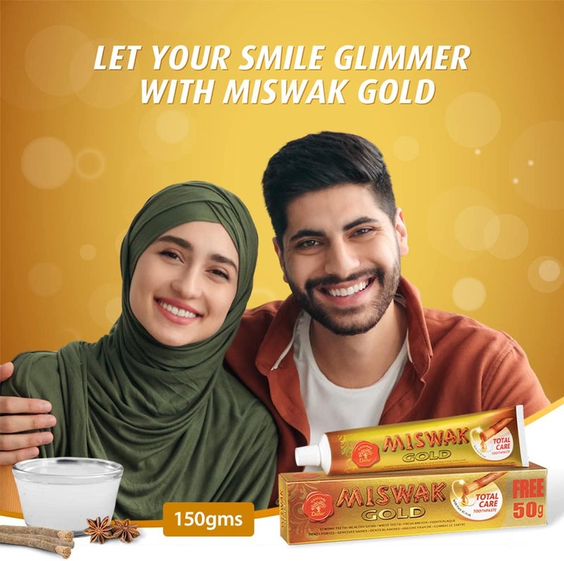 Miswak Gold Total Care Toothpaste + Toothbrush 3x170g (2+ 1 Free) | Formulated With Pure Extracts Of Al Arak | For Healthy Gums & Strong Teeth | Value Pack - Image 2