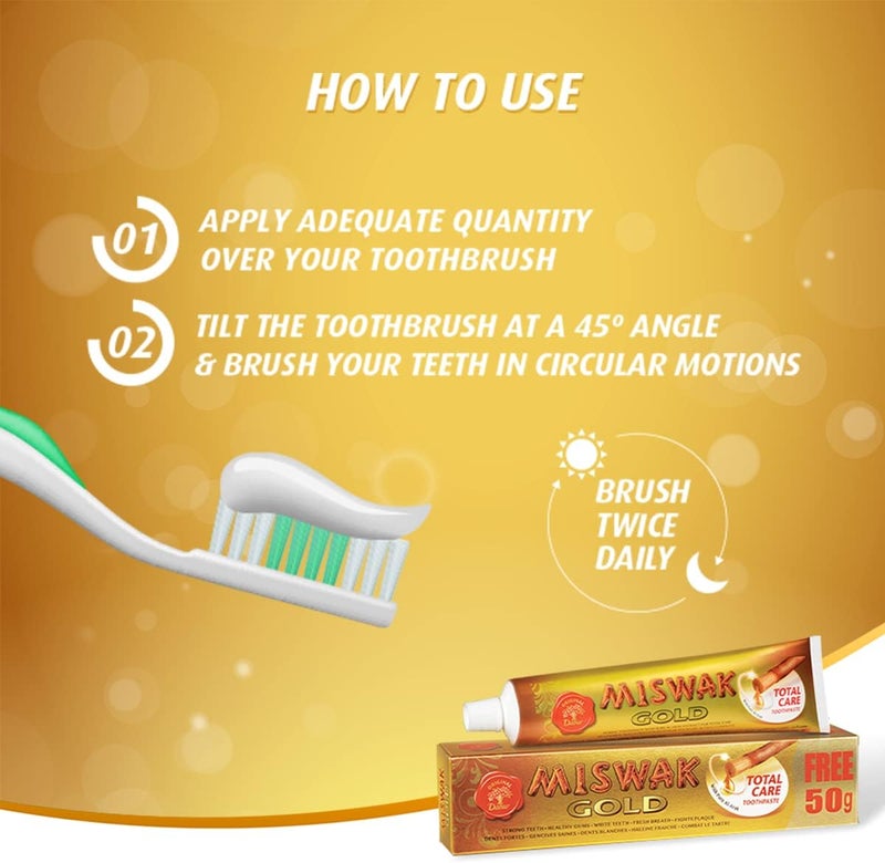 Miswak Gold Total Care Toothpaste + Toothbrush 3x170g (2+ 1 Free) | Formulated With Pure Extracts Of Al Arak | For Healthy Gums & Strong Teeth | Value Pack - Image 5