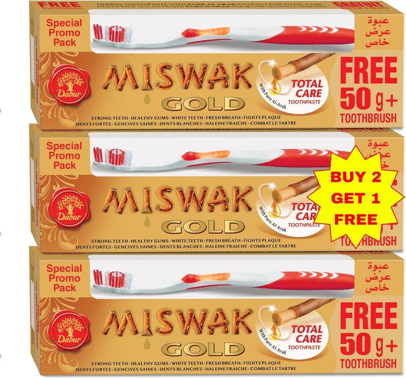 Miswak Gold Total Care Toothpaste + Toothbrush 3x170g (2+ 1 Free) | Formulated With Pure Extracts Of Al Arak | For Healthy Gums & Strong Teeth | Value Pack - Image 1