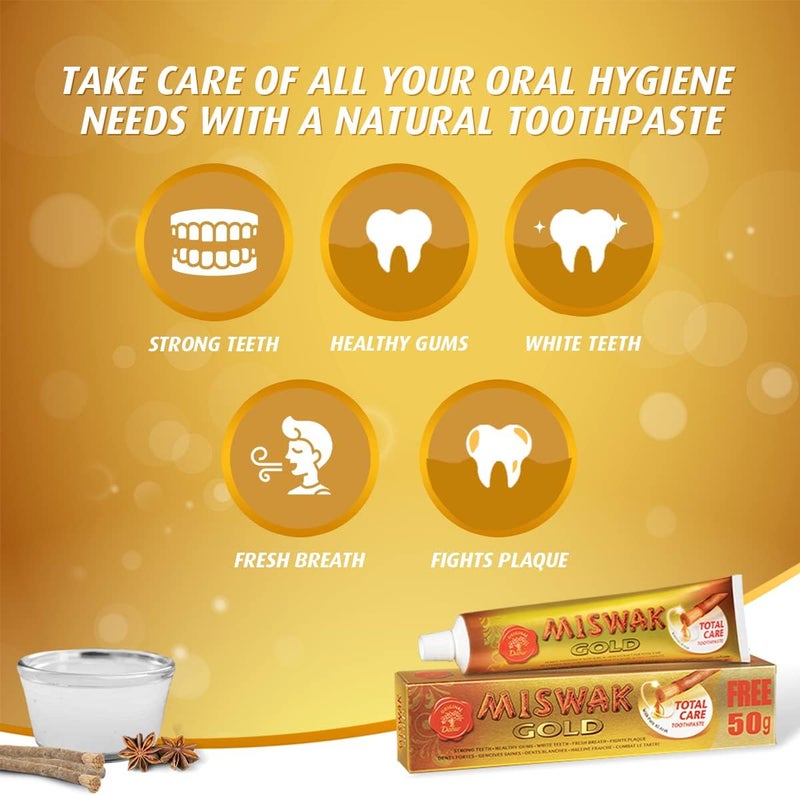 Miswak Gold Total Care Toothpaste + Toothbrush 3x170g (2+ 1 Free) | Formulated With Pure Extracts Of Al Arak | For Healthy Gums & Strong Teeth | Value Pack - Image 3