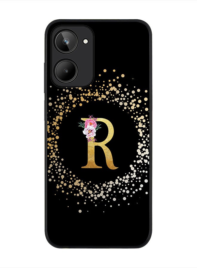 Stylizedd غطاء لهاتف Realme 10 4G ، غلاف أسود متين نحيف يناسب بشكل مثالي - نمط زهور مخصص بحرف أولي - R (أسود) - Image 1