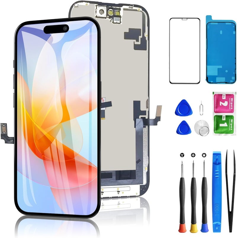 Diykitpl for iPhone 16 Screen Replacement 6.1 inch LCD Display 3D Touch Full HD Digitizer Frame Assembly, Compatible with A3288, A3287, A3081, A3296 Models, Repair Kit + Screen Tempered Protector - Image 1