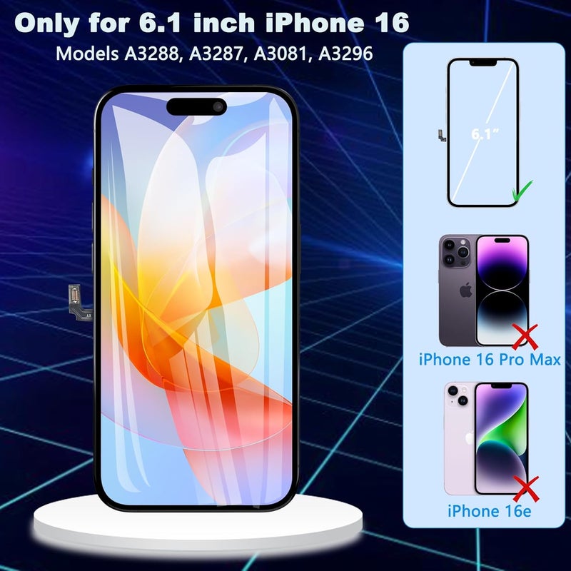 Diykitpl for iPhone 16 Screen Replacement 6.1 inch LCD Display 3D Touch Full HD Digitizer Frame Assembly, Compatible with A3288, A3287, A3081, A3296 Models, Repair Kit + Screen Tempered Protector - Image 2
